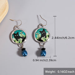 Vintage Cat Pattern Drop Earrings with Synthetic Gems Pendant