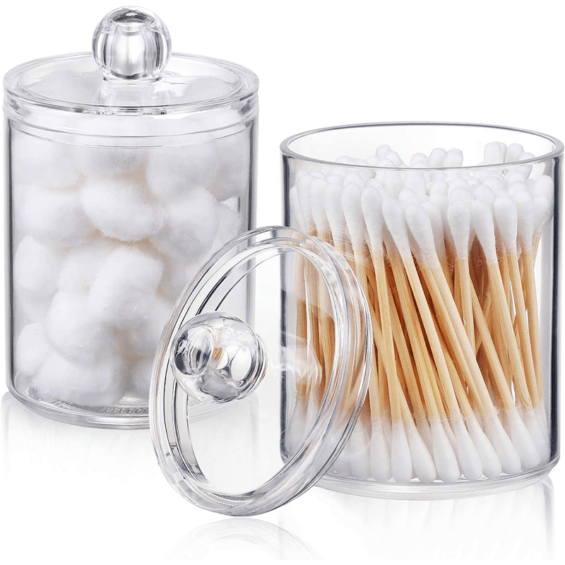 Qtips Holder Dispenser Clear Plastic Apothecary Jar for Bathroom Storage