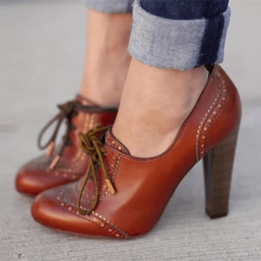 Women's Lace-up Chunky High Heels Faux Leather Retro Round Toe Stacked Pumps