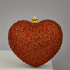 Red Crystal Clutch Wallet Heart Shape Gemstone Party Shoulder Bag