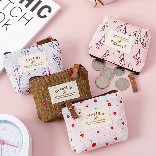 Flower Pattern Coin Purse Canvas Zipper Pouch Clutch