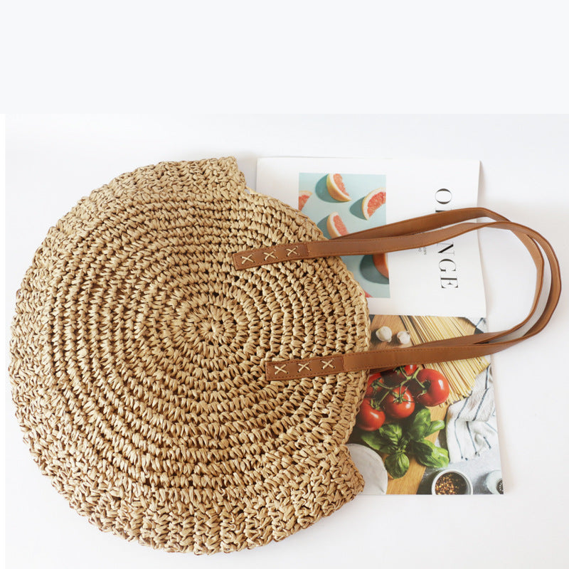 Boho Round Straw Shoulder Bag for Women