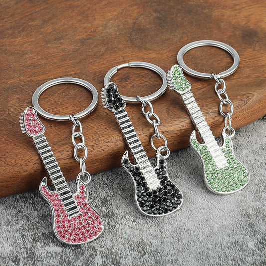 Cartoon Guitar Keychain Rhinestone Metal Key Chain Bag Pendant Gift