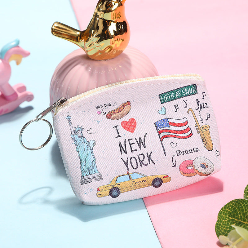 Cartoon Pattern Mini Coin Purse Zipper Keyring Storage Bag