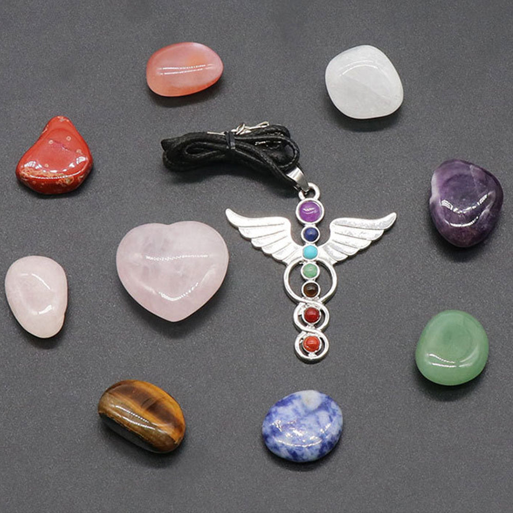 7 Chakra Angel Wing Pendant Rose Quartz Set