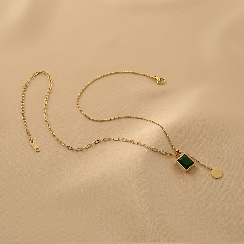 Green Emerald Pendant Necklace Stainless Steel Adjustable Necklace