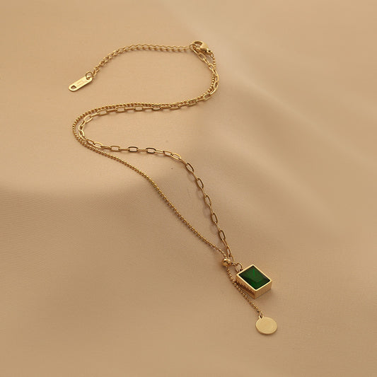 Green Emerald Pendant Necklace Stainless Steel Adjustable Necklace