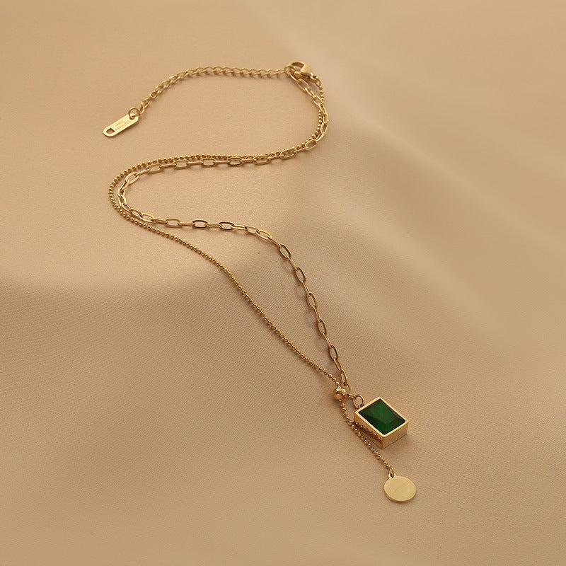 Green Emerald Pendant Necklace Stainless Steel Adjustable Necklace