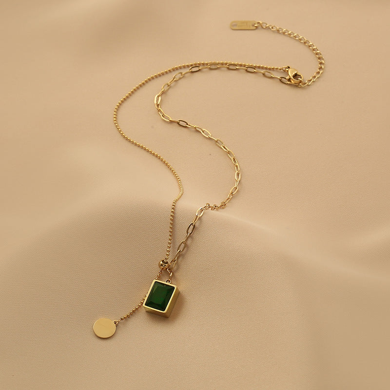 Green Emerald Pendant Necklace Stainless Steel Adjustable Necklace