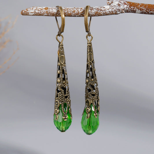 Boho Peridot Long Dangle Earrings Vintage Green Stone Earrings