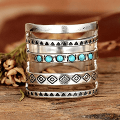Vintage Wide Ring 925 Silver Plated Turquoise Inlaid Hollow Design