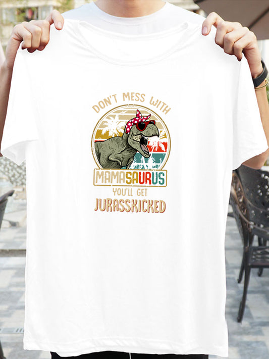 Dino & Letter Print Casual T-shirt Crew Neck Short Sleeve Loose Comfy Sport