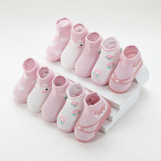 5 Pairs Girls Cartoon Knit Socks Thin Mesh for Summer & Spring