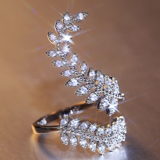 Zircon Plant Leaf Ring 18K Plated Hand Jewelry