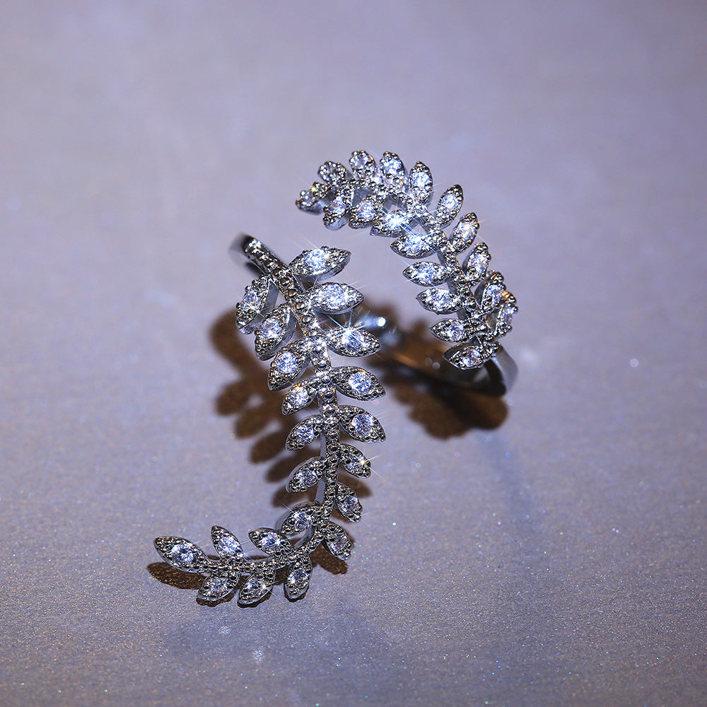 Zircon Plant Leaf Ring 18K Plated Hand Jewelry
