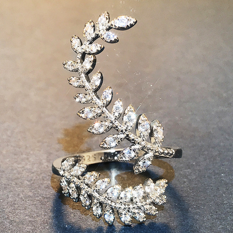 Zircon Plant Leaf Ring 18K Plated Hand Jewelry