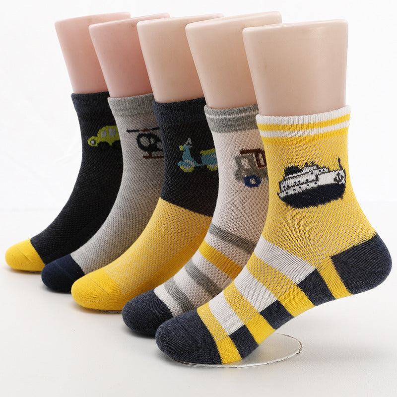 5 Pairs Boys Car Print Crew Socks, Breathable Thin Mesh Knit, Spring Summer