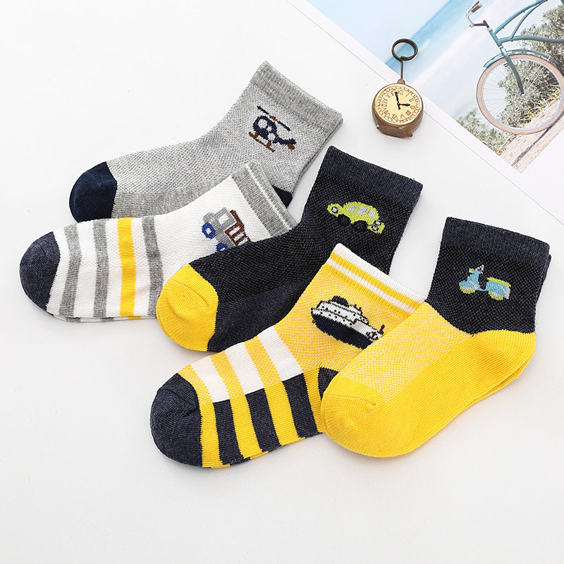 5 Pairs Boys Car Print Crew Socks, Breathable Thin Mesh Knit, Spring Summer