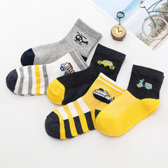 5 Pairs Boys Car Print Crew Socks, Breathable Thin Mesh Knit, Spring Summer