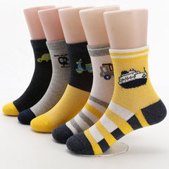 5 Pairs Boys Car Print Crew Socks, Breathable Thin Mesh Knit, Spring Summer
