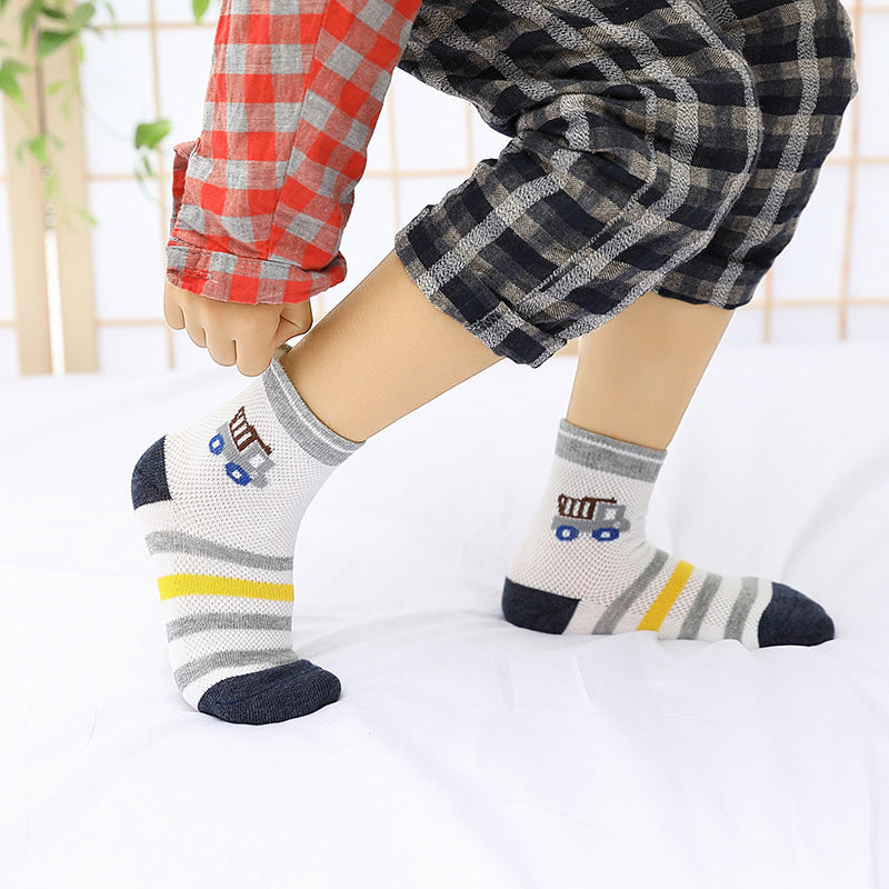 5 Pairs Boys Car Print Crew Socks, Breathable Thin Mesh Knit, Spring Summer