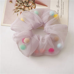 Colorful Pom Pom Mesh Hair Scrunchies Hair Bobbles Elastics