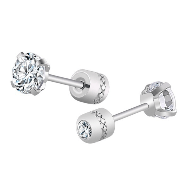 2 Pairs CZ Stud Earrings 6mm Stainless Steel Jewelry