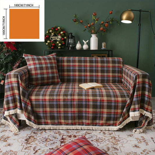 Retro Sofa Slipcover Christmas Coffee Red Woven Plaid Non-slip Sofa Cover