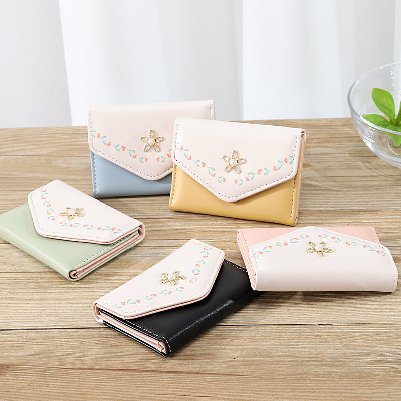 Girls PU Leather Coin Purse Wallet With Flower Decor Sweet Holiday Party Gift