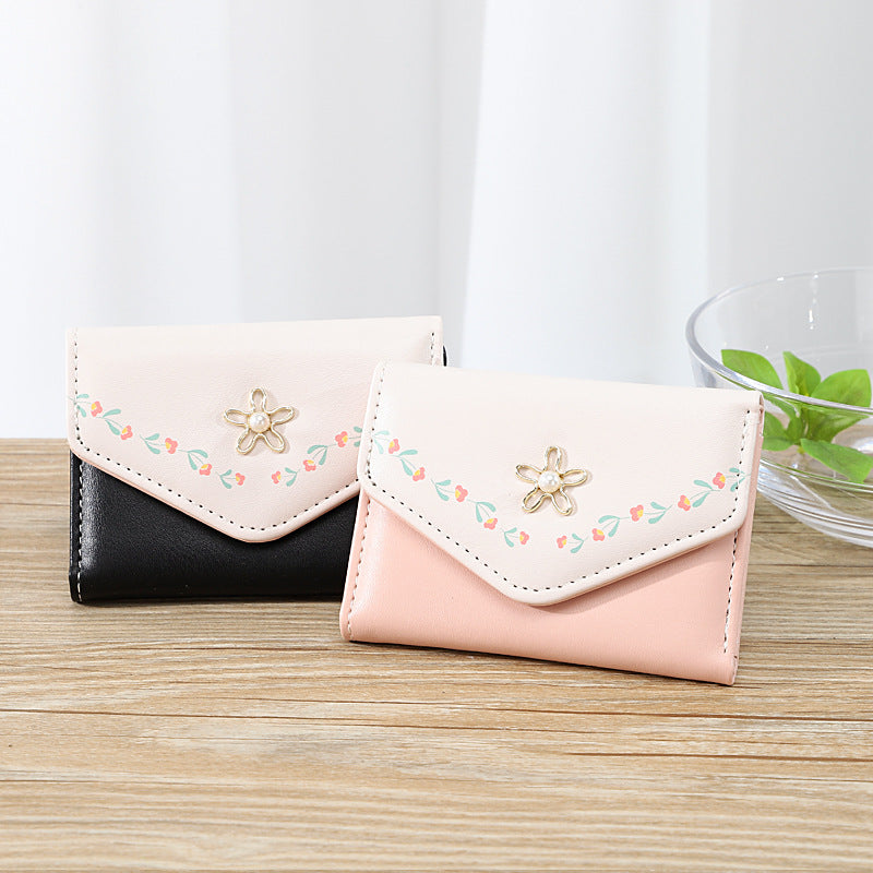 Girls PU Leather Coin Purse Wallet With Flower Decor Sweet Holiday Party Gift