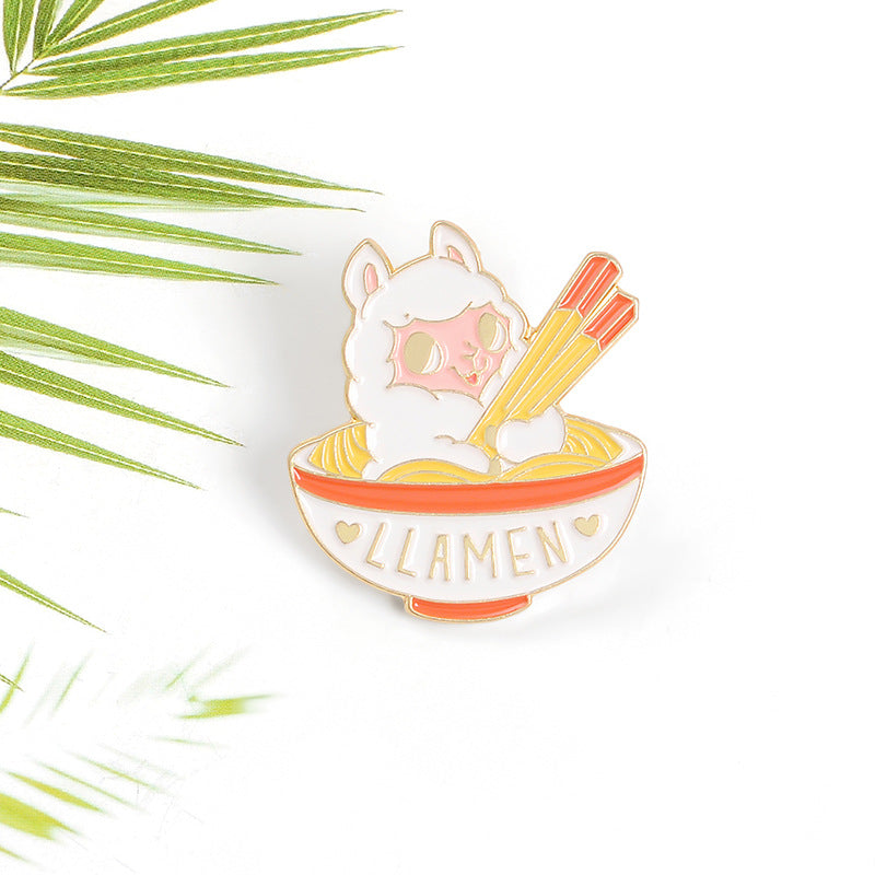 Cute Lamb Eating Ramen Brooch Pin