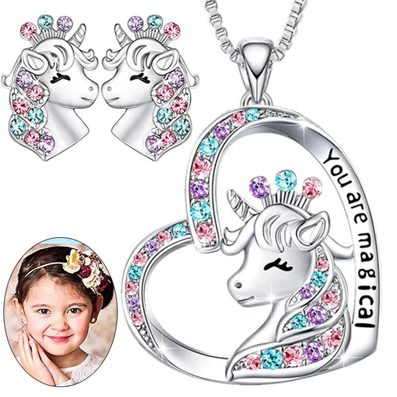 Girl Magical Lucky Unicorn Necklace Earrings Set Kids Accessories