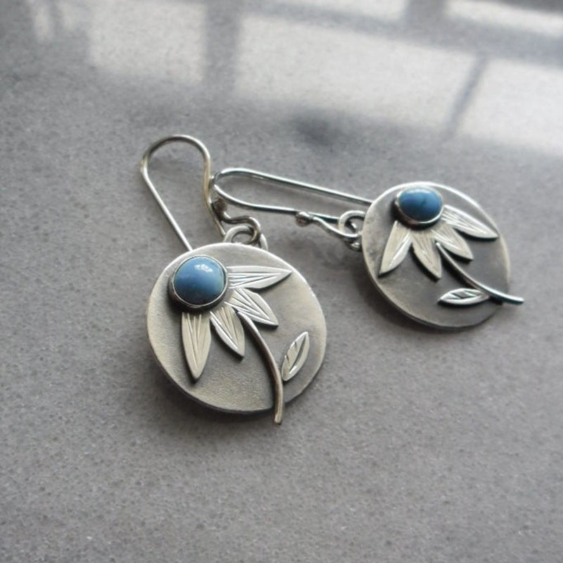 Vintage Disc Turquoise Drop Earrings 925 Silver Plated Ethnic Style Ear Jewelry