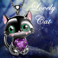 Heart Cat Pendant Necklace for Girls