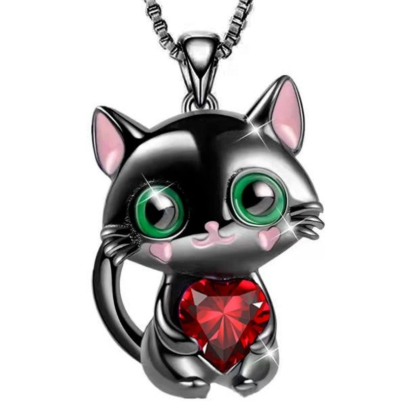 Heart Cat Pendant Necklace for Girls