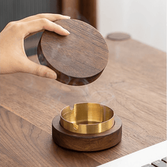 Stylish Wood and Stainless Steel Ashtray with Lid for Home and Office Use