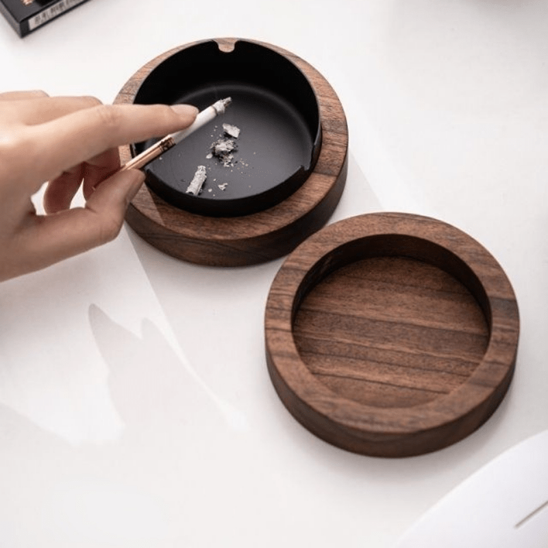 Stylish Wood and Stainless Steel Ashtray with Lid for Home and Office Use