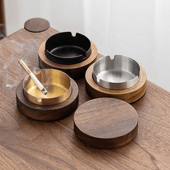 Stylish Wood and Stainless Steel Ashtray with Lid for Home and Office Use