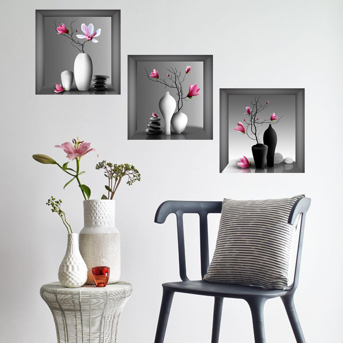 3pcs Flowers And Vases Wall Stickers Self adhesive Decoration