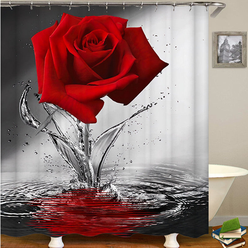 Red Rose Flower Shower Curtain Set with Non-Slip Rugs