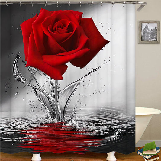 Red Rose Flower Shower Curtain Set with Non-Slip Rugs