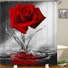 Red Rose Flower Shower Curtain Set with Non-Slip Rugs