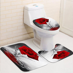 Red Rose Flower Shower Curtain Set with Non-Slip Rugs