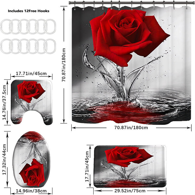 Red Rose Flower Shower Curtain Set with Non-Slip Rugs
