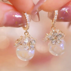 Flower Zircon Hoop Earrings Faux Pearl Dangle Earrings Valentines Gift