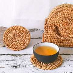 Round Natural Rattan Placemat Heat Insulation Kitchen Decor