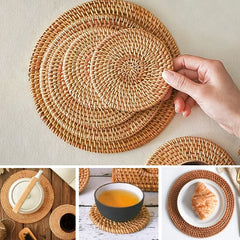 Round Natural Rattan Placemat Heat Insulation Kitchen Decor