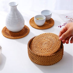 Round Natural Rattan Placemat Heat Insulation Kitchen Decor