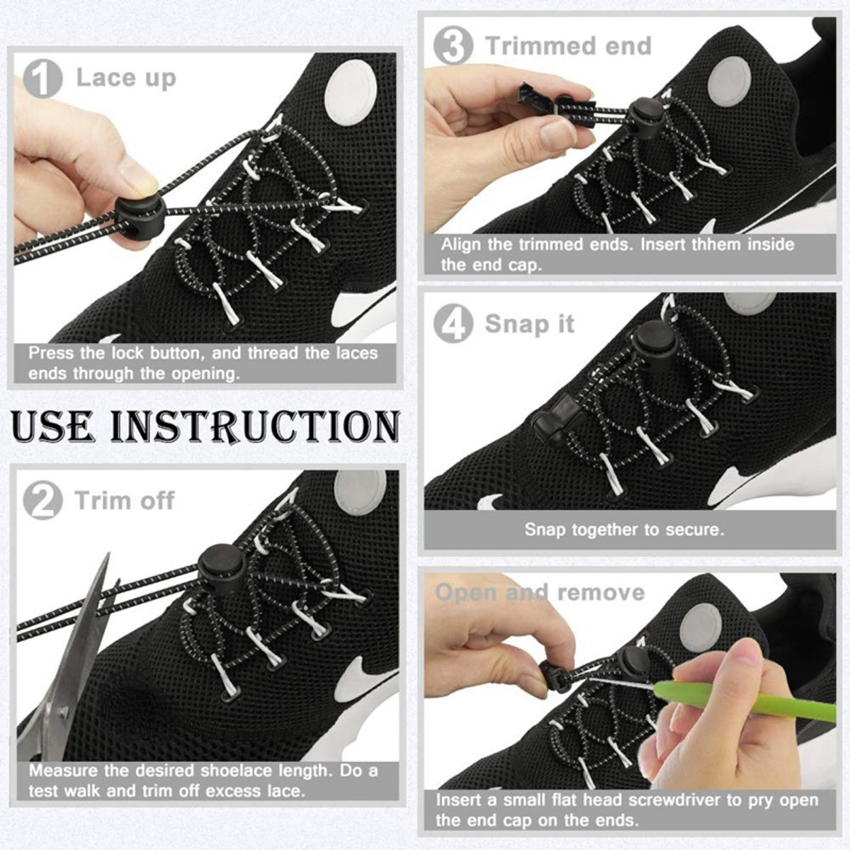 Elastic Round Shoelaces 1 Pair No Tie Locking Lazy Laces for Various Shoes