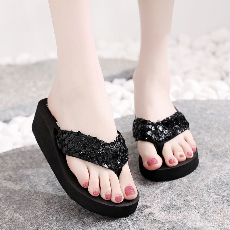 Sequin Thick Sole Wedge Sandals Non Slip Summer Thong Sandals